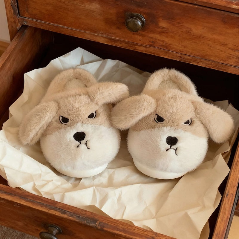 Cute khaki dog plush slippers with floppy ears and winking face, fuzzy indoor shoes with EVA sole