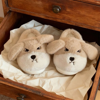 Cute khaki dog plush slippers with floppy ears and winking face, fuzzy indoor shoes with EVA sole