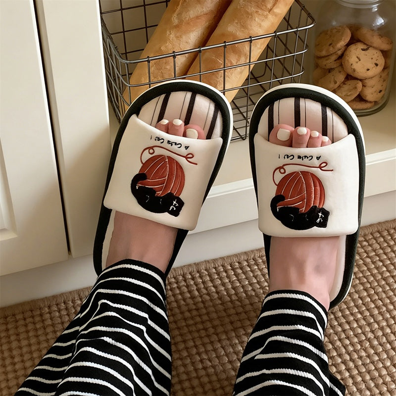 Cute white cat and yarn embroidery slippers with red yarn and striped footbed, flat indoor shoes with PVC sole