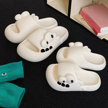 Cute milky white dinosaur EVA slide sandals with big eyes and teeth, lightweight indoor slip-on shoes