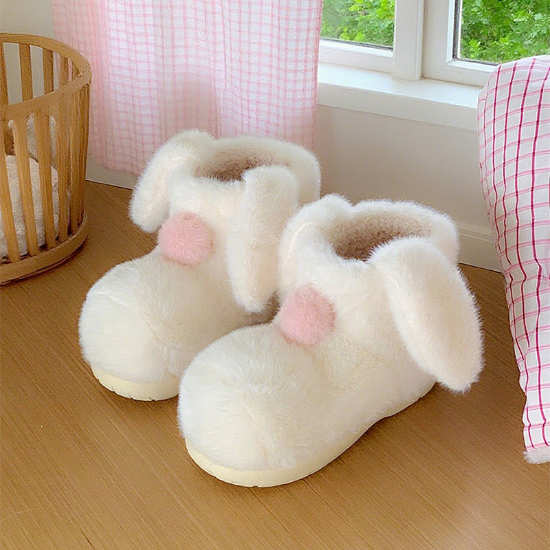 Cute white bunny bootie slippers with long fuzzy ears and white pom-pom, warm indoor shoes with TPR sole