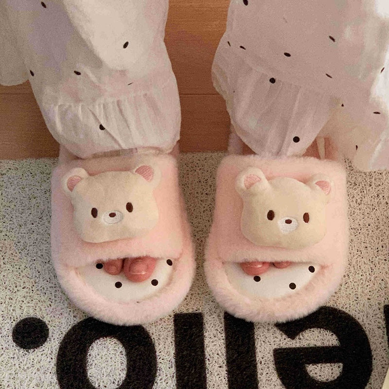 Cute pink fuzzy slide slippers with 3D bear charm and polka dot footbed, indoor shoes with EVA sole