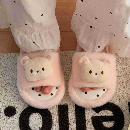 Cute pink fuzzy slide slippers with 3D bear charm and polka dot footbed, indoor shoes with EVA sole