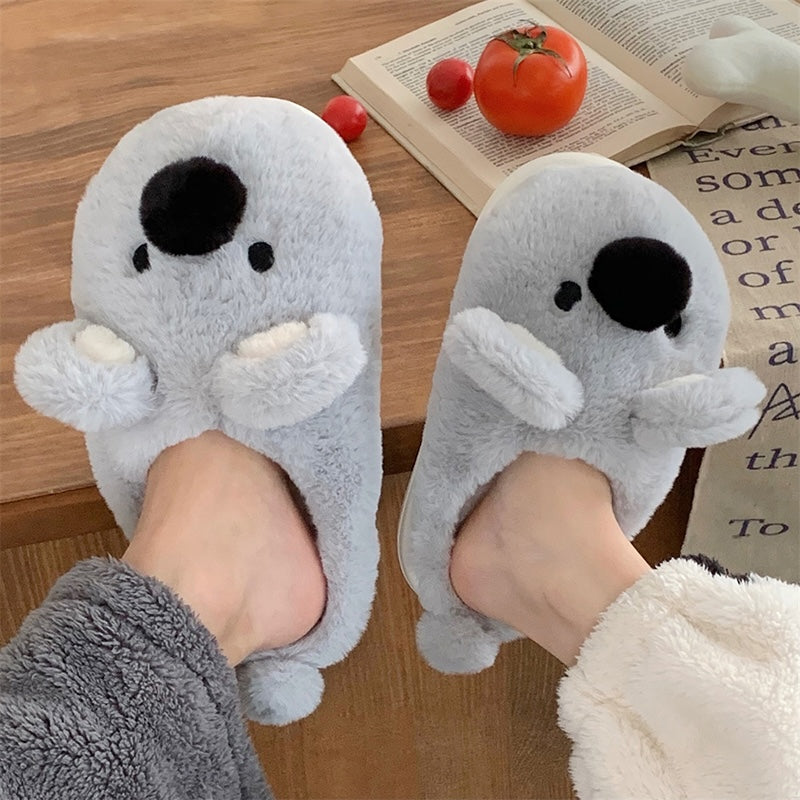 Cute grey koala plush slippers with big black nose and floppy ears, fuzzy faux fur indoor shoes with EVA sole