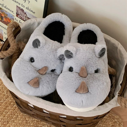 Cute grey rhino plush slippers with brown horns and black fluffy lining, fuzzy indoor shoes with EVA sole
