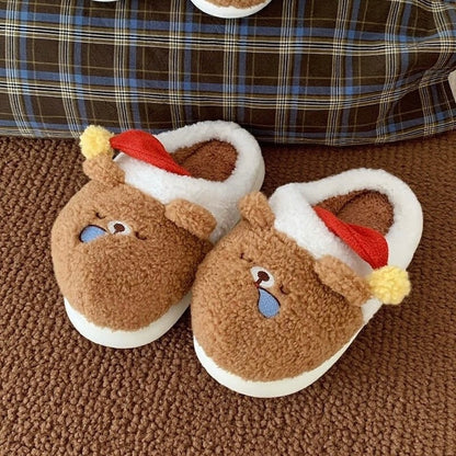 Cute brown and white bear plush slippers with red sleeping hat and pompom, indoor shoes with EVA sole
