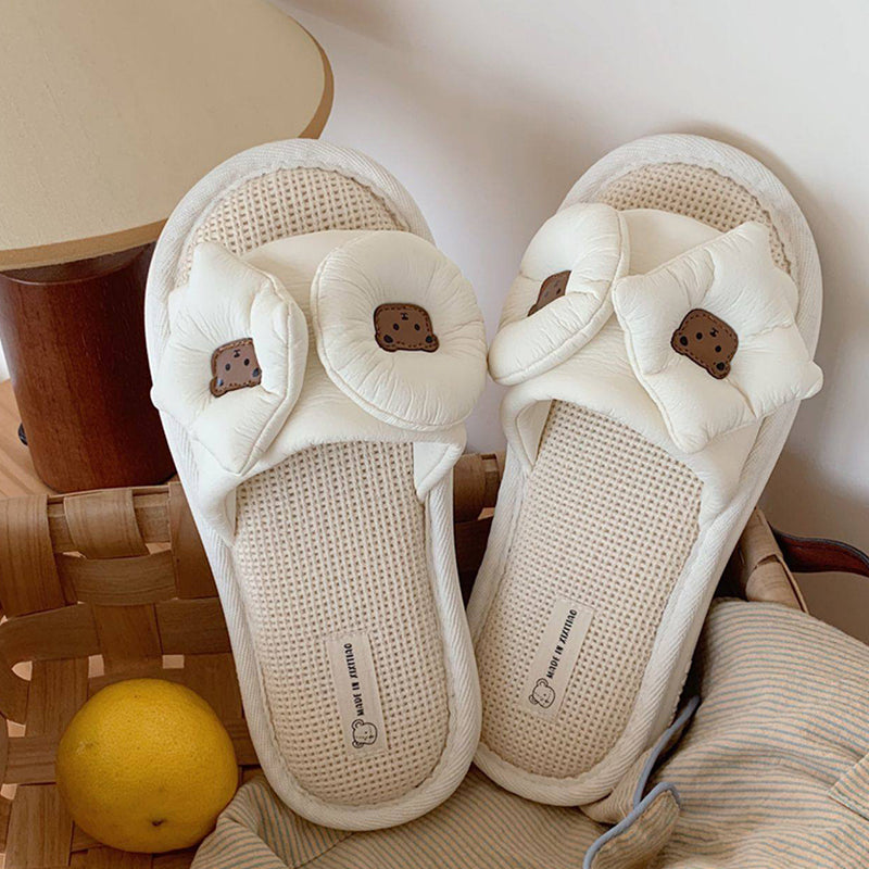 Cute white bear puff slippers with bow design and brown bear face, PU and fabric indoor shoes with PVC sole