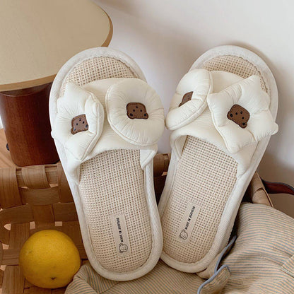 Cute white bear puff slippers with bow design and brown bear face, PU and fabric indoor shoes with PVC sole