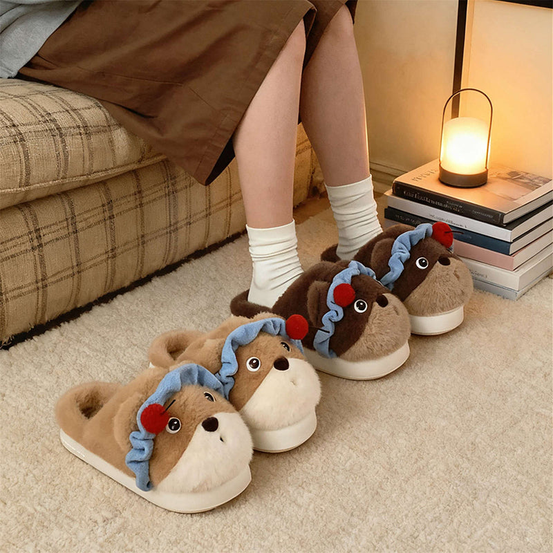 Cute brown bear plush slippers with blue ruffled headband and cherry topper, fuzzy indoor shoes with EVA sole