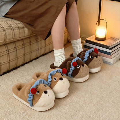 Cute brown bear plush slippers with blue ruffled headband and cherry topper, fuzzy indoor shoes with EVA sole