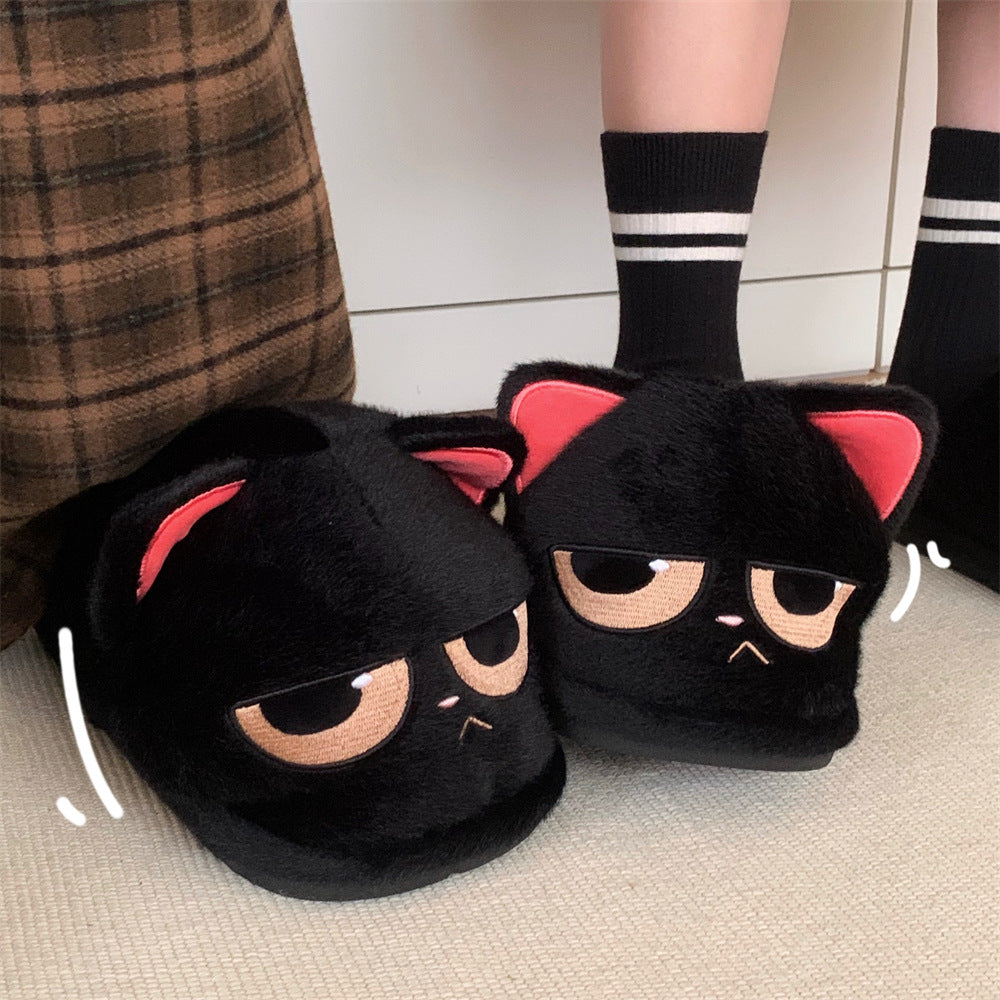 Autumn/Winter Cute Cartoon Closed-back Black Cat Slippers