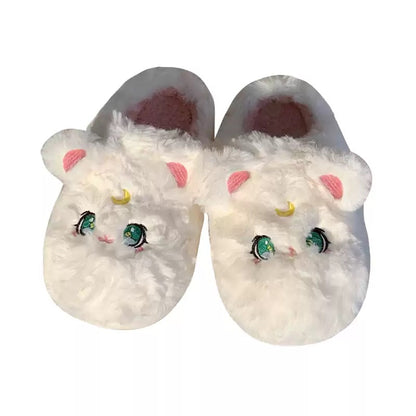 Cute white fluffy cat plush slippers with green eyes and pink nose, fuzzy indoor shoes with EVA sole