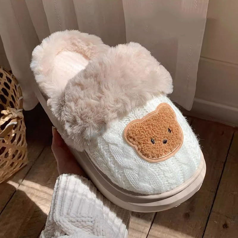 Cute beige knit bear slippers with fuzzy trim and brown bear patch, warm knit fabric indoor shoes with EVA sole