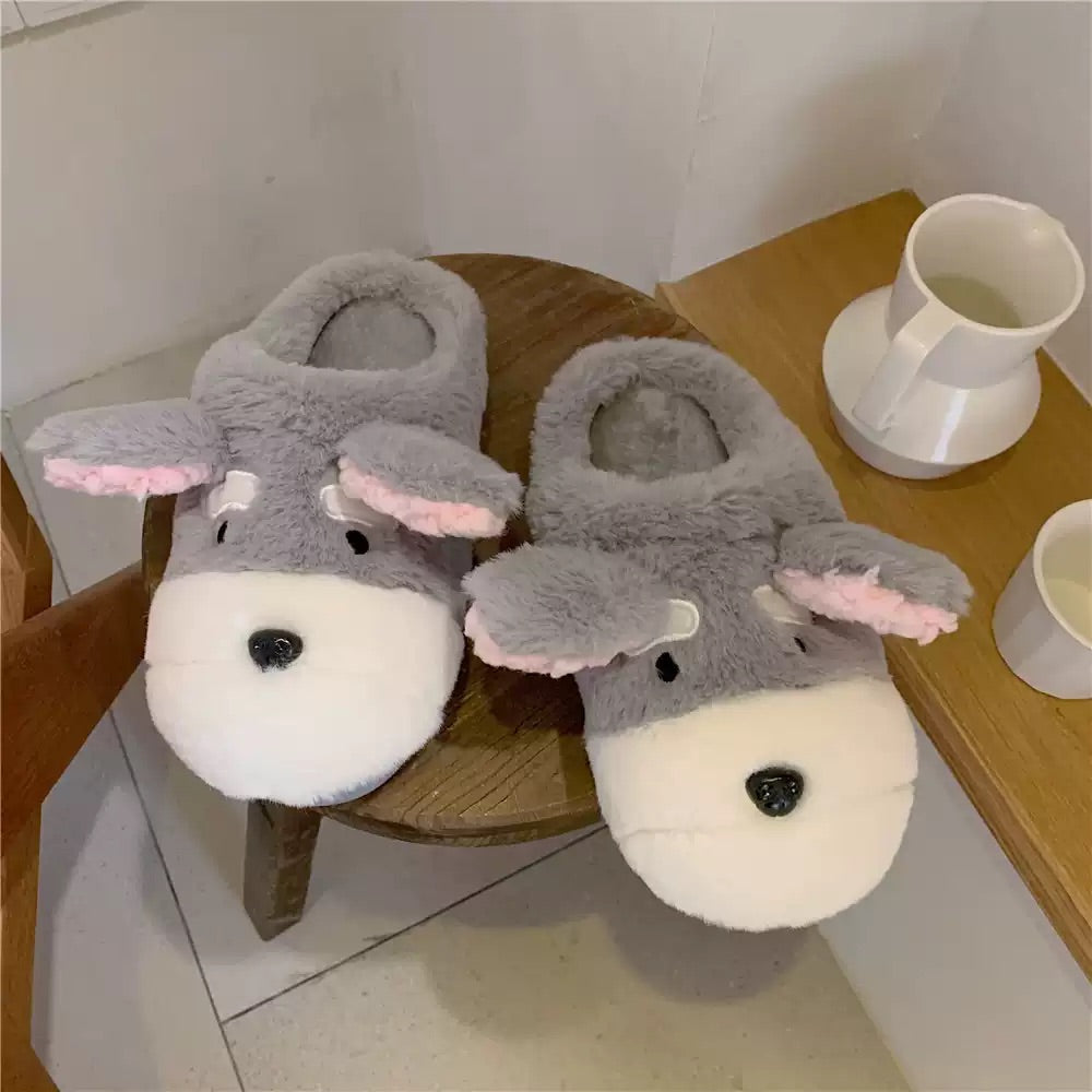 Cute grey and white dog plush slippers with large floppy ears and pink inner lining, fuzzy indoor shoes with TPR sole