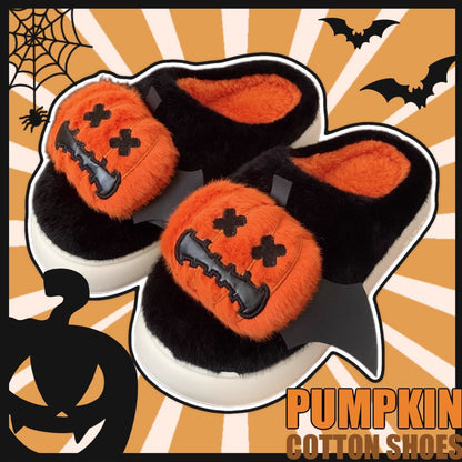 Cute black Halloween pumpkin plush slippers with bat wings and stitched face, fuzzy indoor shoes with EVA sole