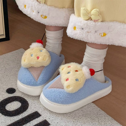 Cute light blue cherry ice cream plush slippers with fluffy scoop, colorful sprinkles, and cherry topper, fuzzy indoor shoes with EVA sole