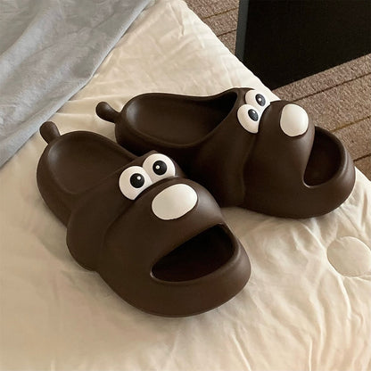 Cute brown cartoon dog EVA slide sandals with big white eyes and small tail, lightweight all-EVA indoor shoes