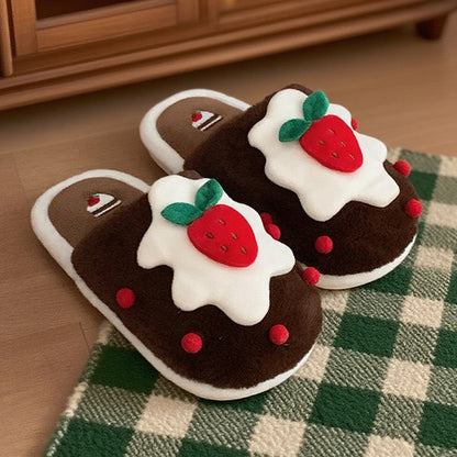 Cute brown strawberry cake design plush slippers with cream topping and red strawberry, indoor shoes with PVC sole