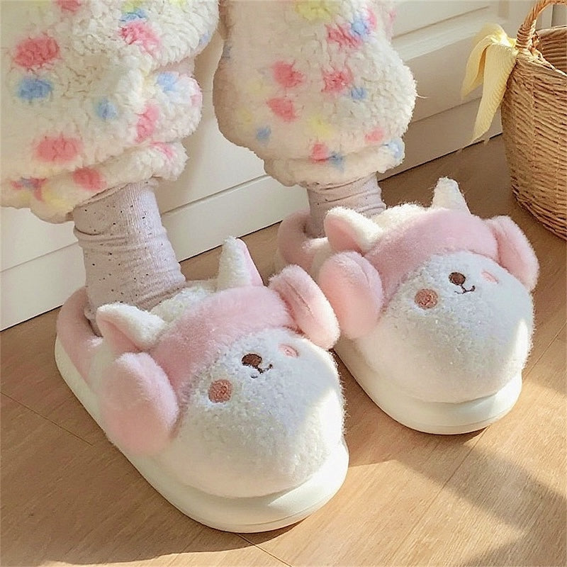 Cute white and pink bunny plush slippers with fuzzy earmuffs and pink blush cheeks, indoor shoes with EVA sole