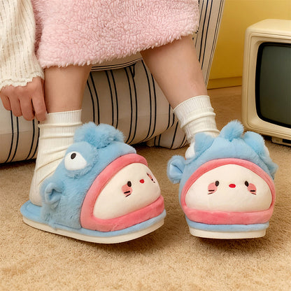 Cute blue fish and cat plush slippers with big fish eyes and pink trim, fuzzy indoor shoes with PVC sole