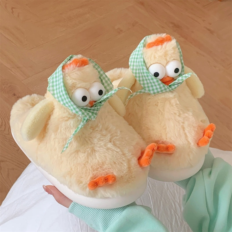 Cute yellow chicken plush slippers with green plaid scarf, big eyes, and orange details, fuzzy faux fur indoor shoes with EVA sole