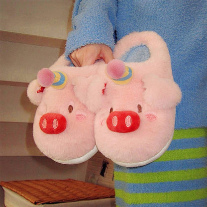 Cute pink birthday pig plush slippers with striped party hat, pom-pom, and red cherry accent, indoor shoes with EVA sole