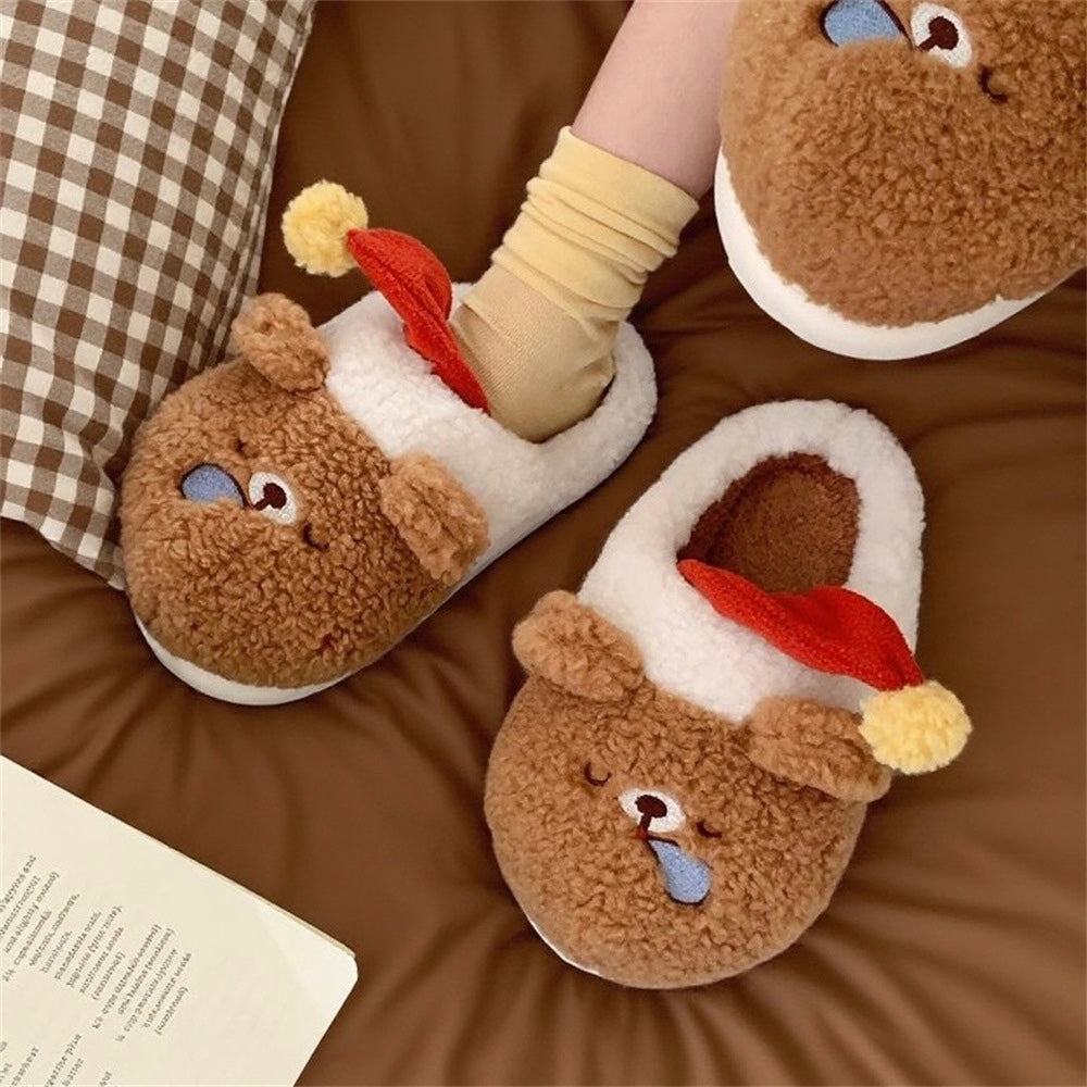 Cute brown and white bear plush slippers with red sleeping hat and pompom, indoor shoes with EVA sole