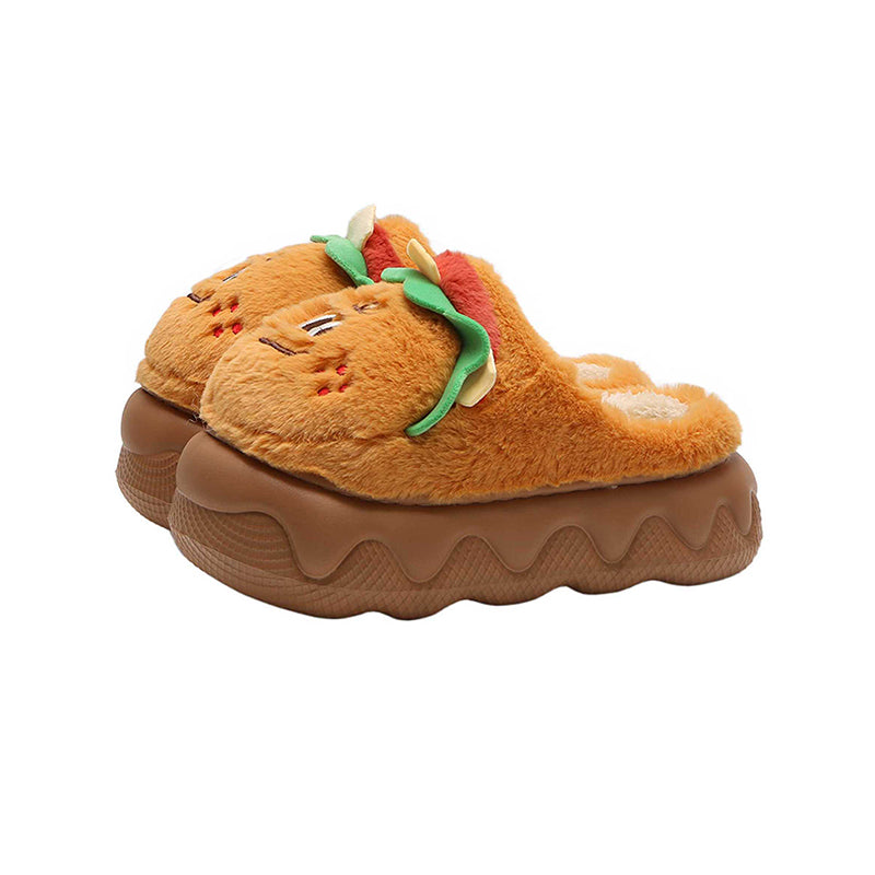 Cute yellow burger plush slippers with lettuce topper and face design, closed-back thick sole indoor shoes with EVA sole