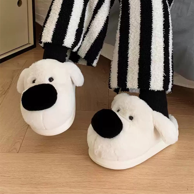 Cute white big nose dog plush slippers with black dot eyes and floppy ears, closed-back fuzzy indoor shoes with EVA sole