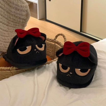 Cute black closed-back cat plush slippers with removable red bow and sleepy eyes, fuzzy indoor shoes with PVC sole