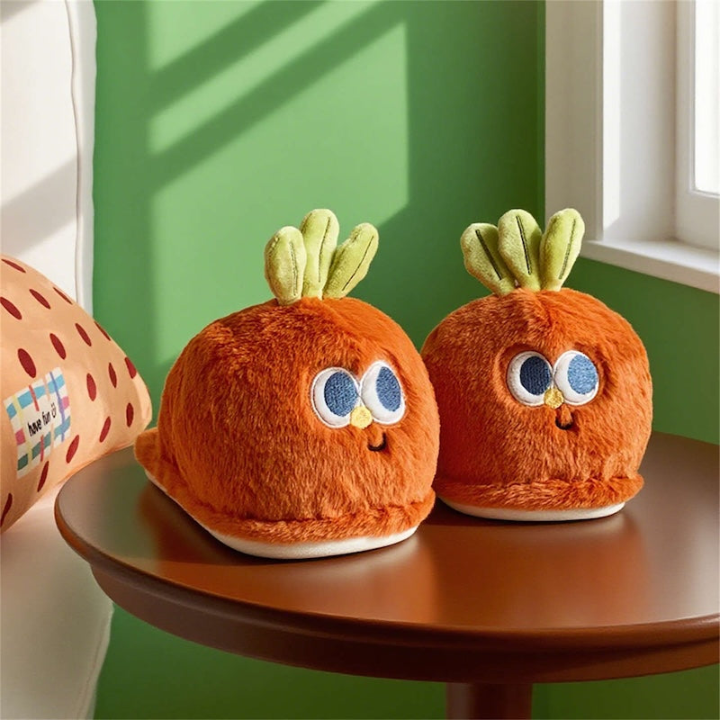 Cute orange carrot plush slippers with green top leaves and big eyes, closed-back fuzzy indoor shoes with PVC sole