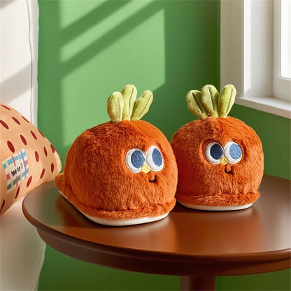 Cute orange carrot plush slippers with green top leaves and big eyes, closed-back fuzzy indoor shoes with PVC sole