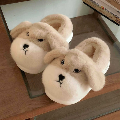 Cute khaki dog plush slippers with floppy ears and embroidered closed eyes, closed-back fuzzy indoor shoes with EVA sole