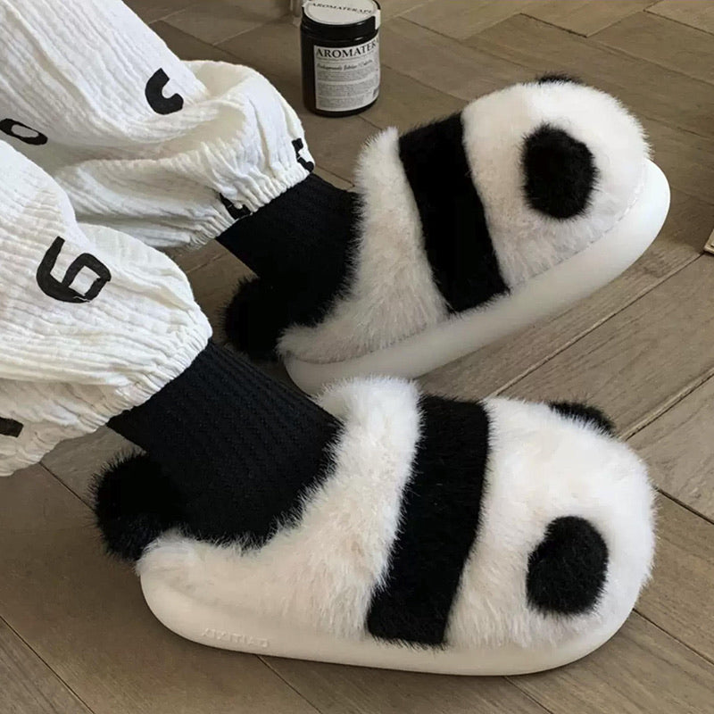 Cute black and white panda block plush slippers with pom-pom nose and tail, fuzzy indoor shoes with EVA sole