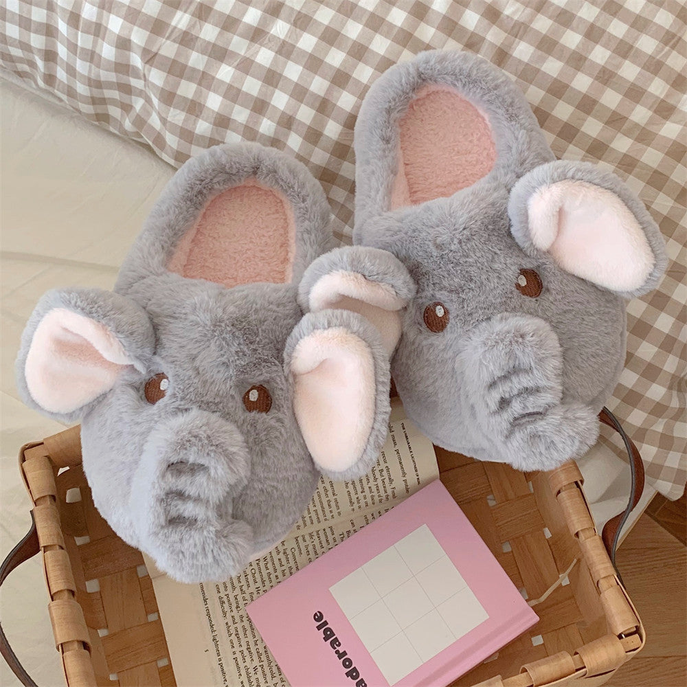 Cute grey elephant plush slippers with pink inner ears and trunk, closed-back fuzzy indoor shoes with EVA sole