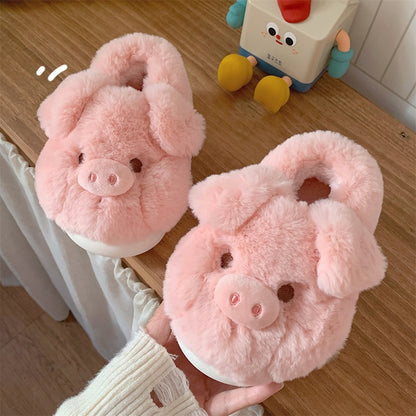 Cute pink closed-back pig plush slippers with floppy ears and 3D snout, fuzzy indoor shoes with EVA sole