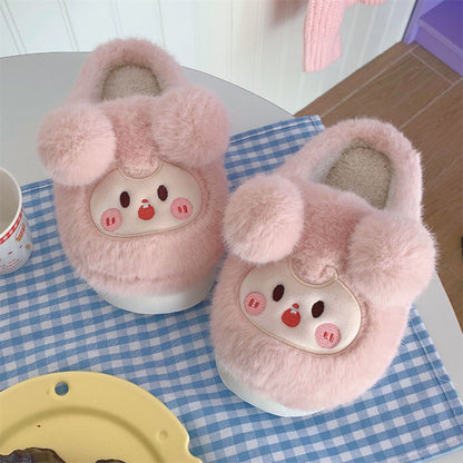 Cute pink sheep plush slippers with round fluffy ears and embroidered face patch, fuzzy indoor shoes with EVA sole
