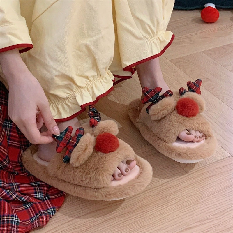 Cute light brown Christmas reindeer plush slippers with plaid ribbon antlers and red nose, fuzzy indoor shoes with PVC sole
