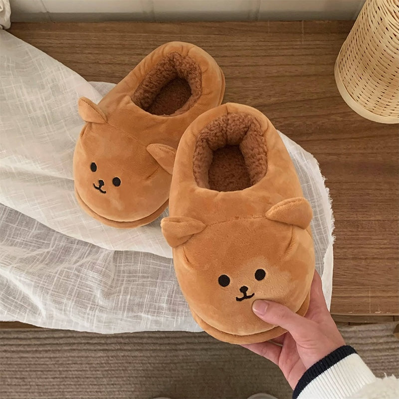 Cute brown bear face bootie slippers with 3D ears and embroidered smile, fuzzy indoor shoes with PVC sole