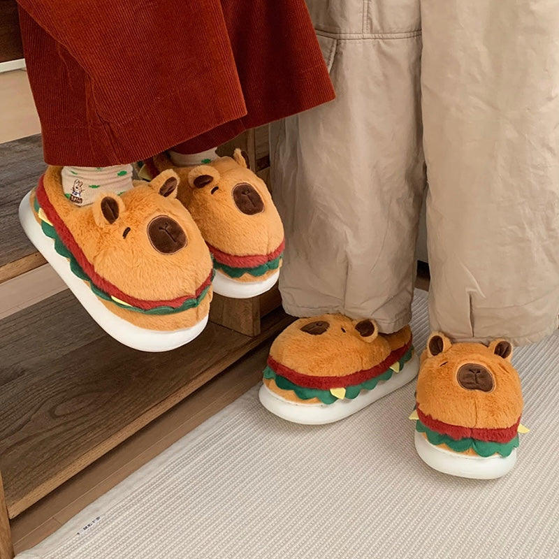 Cute burger capybara plush slippers with layered lettuce and meat design, fuzzy indoor shoes with EVA sole