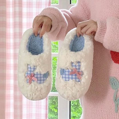 Cute White bunny plush slippers with blue gingham bows and straps, fuzzy indoor shoes with EVA sole