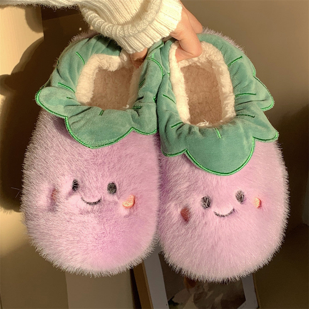 Cute purple eggplant plush slippers with ruffled green top and smiley face, fuzzy indoor shoes with EVA sole
