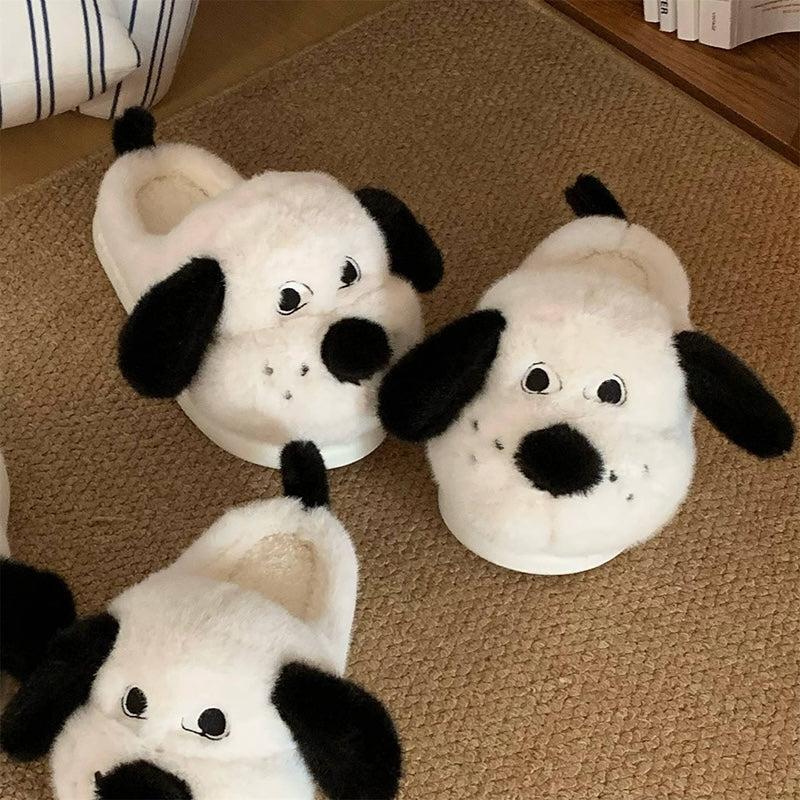 Cute white dog plush slippers with black floppy ears, black nose, and tail, fuzzy indoor shoes with EVA sole
