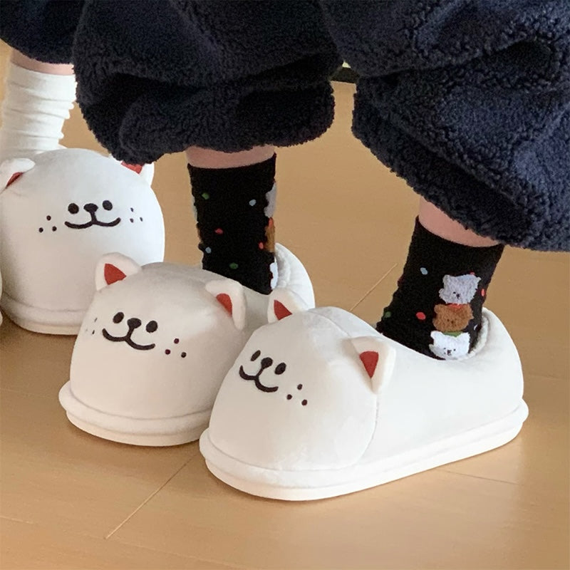 Cute white Shiba Inu dog face bootie slippers with 3D ears and embroidered face, fuzzy indoor shoes with PVC sole