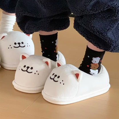 Cute white Shiba Inu dog face bootie slippers with 3D ears and embroidered face, fuzzy indoor shoes with PVC sole