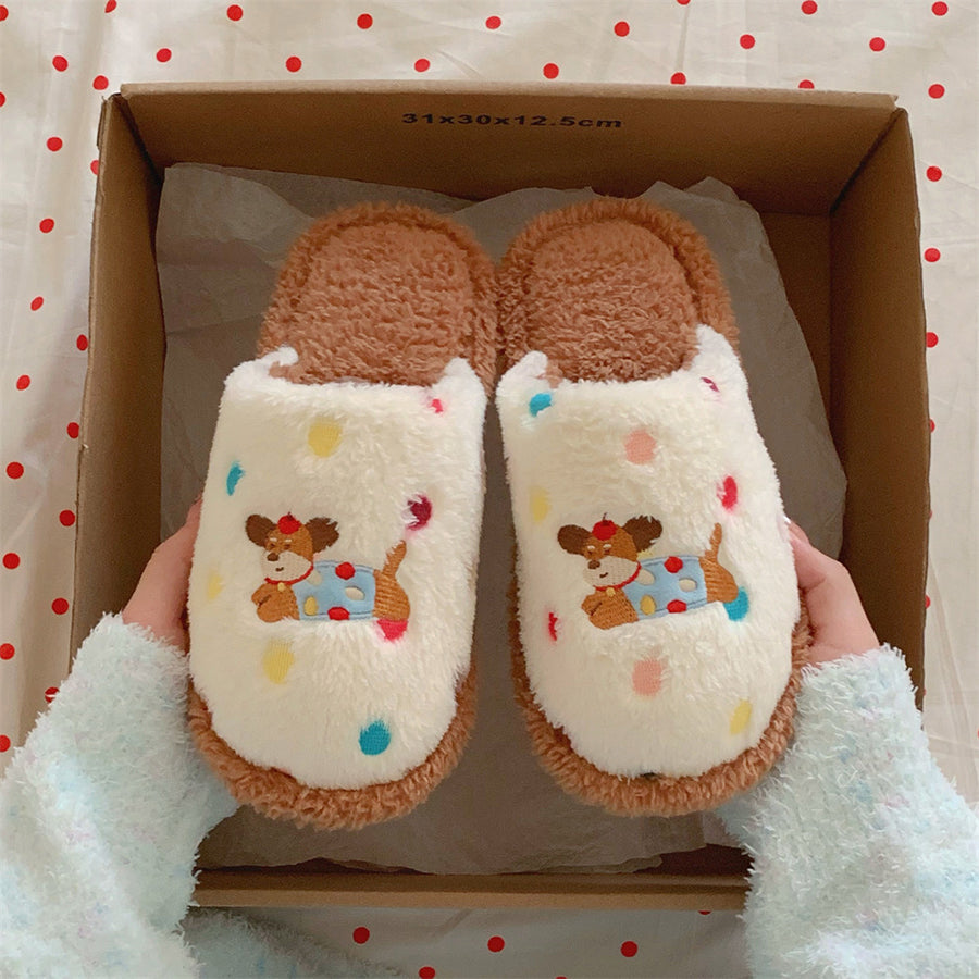 Autumn/Winter Cute Cartoon Polka Dot Embroidery Dachshund Dog Slippers