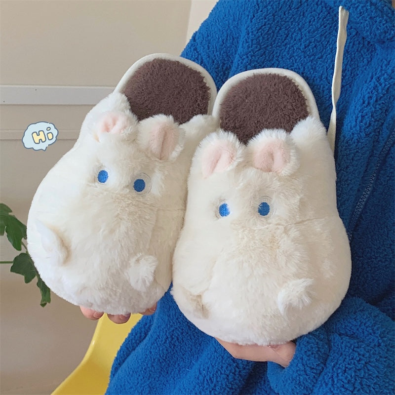 Cute white hippo plush slippers with blue eyes and round nose, closed-back fuzzy indoor shoes with PVC sole