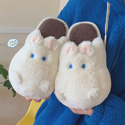 Cute white hippo plush slippers with blue eyes and round nose, closed-back fuzzy indoor shoes with PVC sole