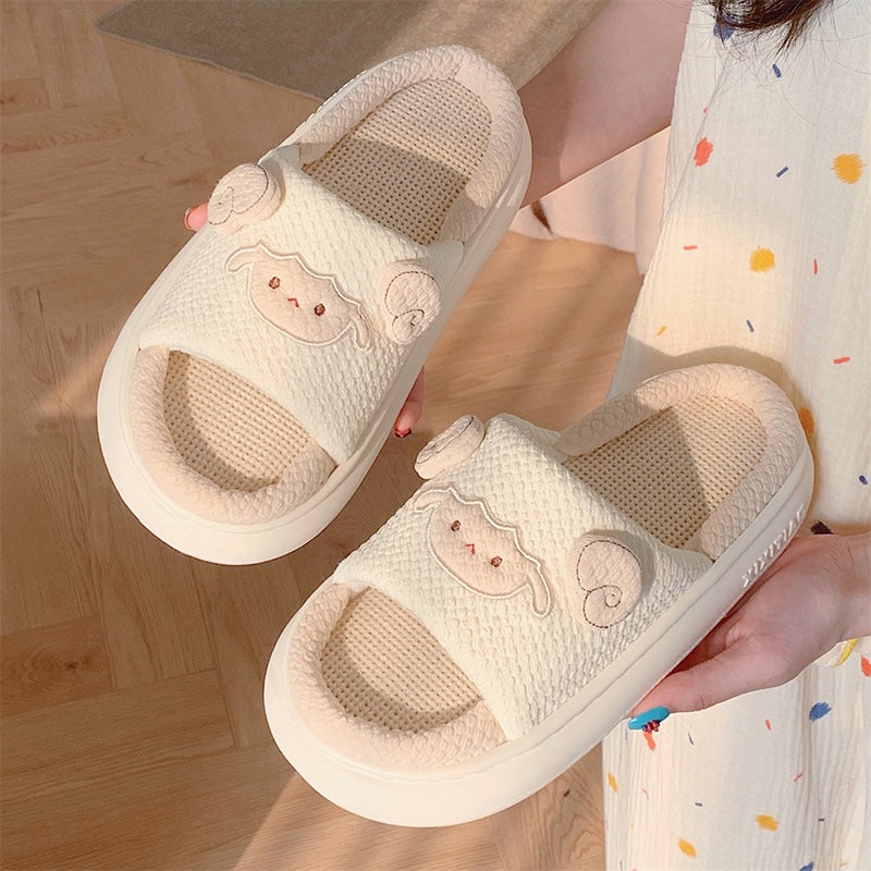 Cute cream sheep linen slippers with 3D sheep face and ears, breathable fabric indoor shoes with EVA sole