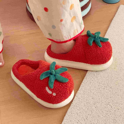 Cute red tomato plush slippers with green leaves and smiley face, fuzzy textured indoor shoes with EVA sole